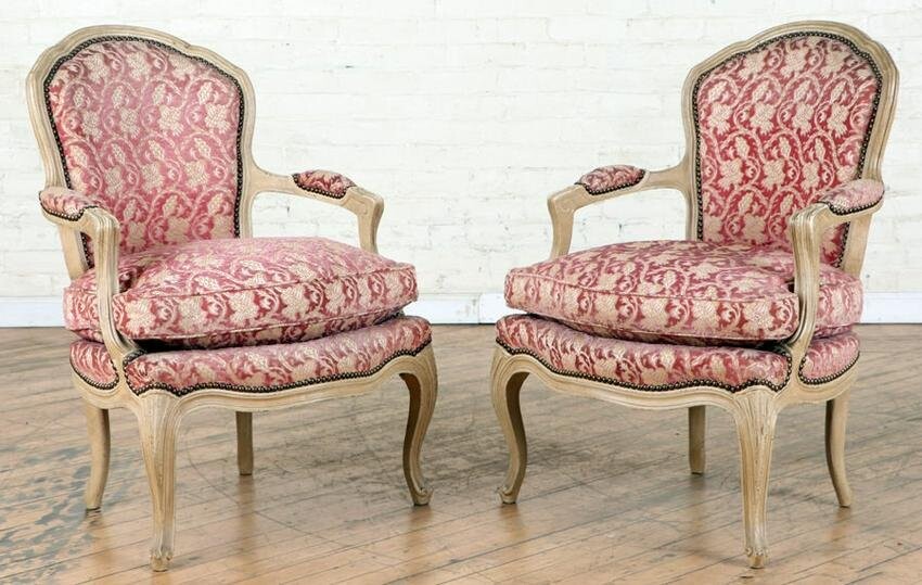 PAIR PAINTED FRENCH OPEN ARM CHAIRS LOUIS XV STYLE