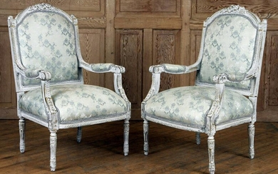 PAIR PAINTED GILT OPEN ARM CHAIRS LOUIS XVI STYLE