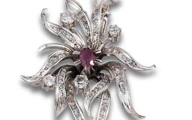 PENDANT - DIAMOND AND RUBY FLOWER BROOCH, IN WHITE GOLD, WITH SILVER CHAIN