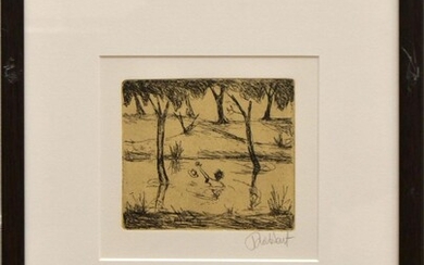 PRO HART, DROWNING HIMSELF BY THE COOLIBAH TREE FROM THE WALTZING MATILDA SERIES, ETCHING 74/100, SIGNED BELOW IMAGE, EDITIONED ON L...