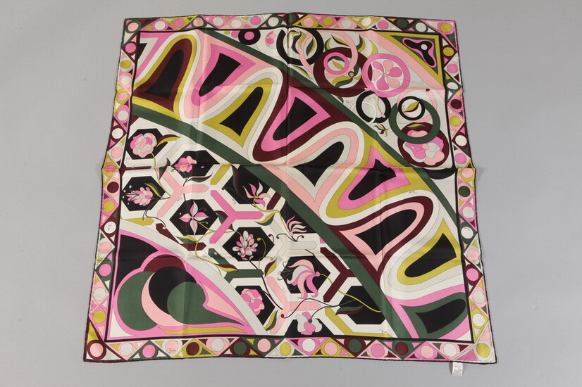 PUCCI : PINK, BLACK AND AVOCADO GREEN SQUARE SILK SCARF...