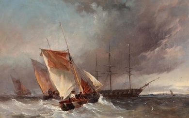 Painte runknown, 19th century Seascape with sailing ship in stormy weather. Indistinctly...