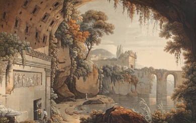 Painter unknown, 19th century: Landscapes with Roman aqueducts. Two aquatints. Visible size 39×56 cm. (2)