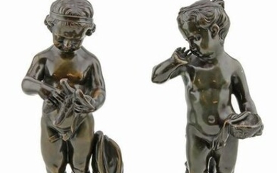 Pair Antique French Bronzes of 2 Young Girls