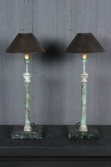 Pair Bronze Column Lamps