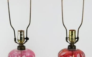 Pair Cranberry Glass & Marble Table Lamps