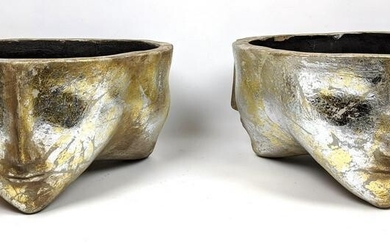 Pair Decorator Face Planters. Gold and Silver Leaf on P