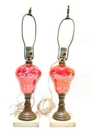 Pair Etched Bohemian Glass Table Lamps