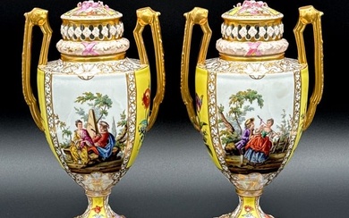 Pair Helena Wolfsohn Dresden Porcelain Urn Vases