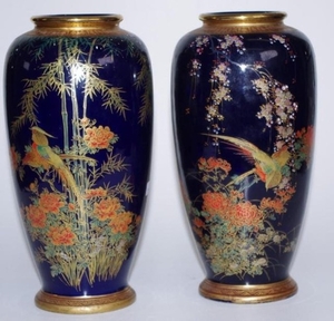 Pair Japanese Satsuma mantle vases bird and blossom decorate...