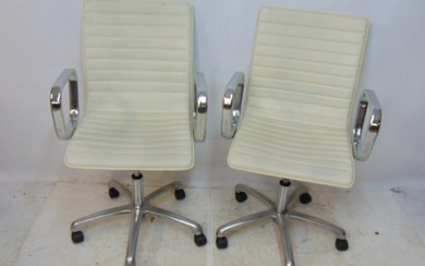 Pair Mid Century style swivel chairs, chrome base, white vinyl seat & back