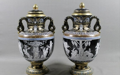 Pair Of Minton Style Two-Handle Porcelain Urns With