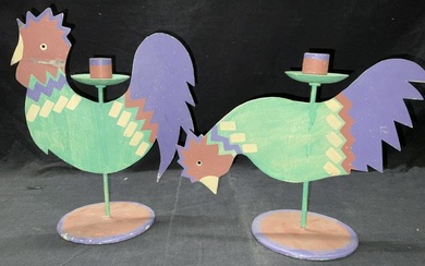 Pair Painted Chicken Tabletop Candle Holders