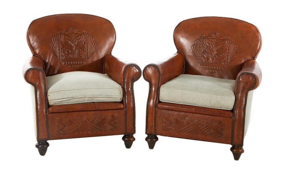 Pair leather and fabric upholstered club chairs (2pcs)