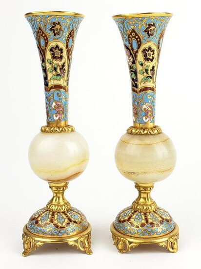 Pair of 19th C. French Champleve Enamel & Bronze Vases