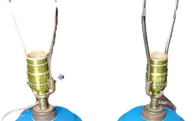 Pair of Antique French Blue Opaline Glass and hand painted Enamel Lamps