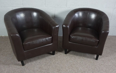 Pair of Brown Faux Leather Tub Chairs on dark wood legs