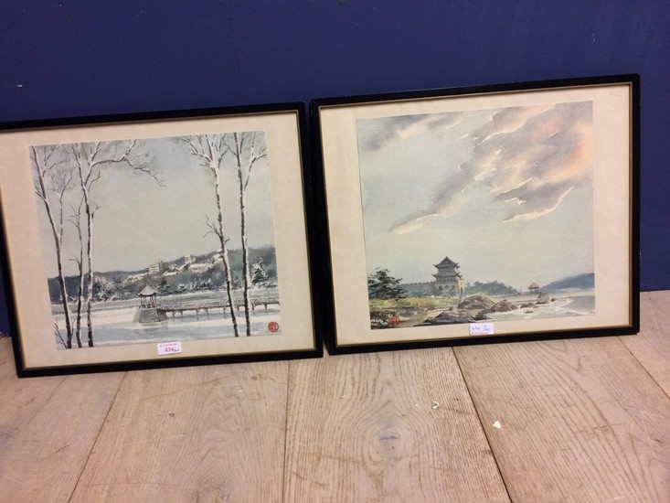 Pair of Chinese watercolours, landscape, Wang Run Ming (1930...