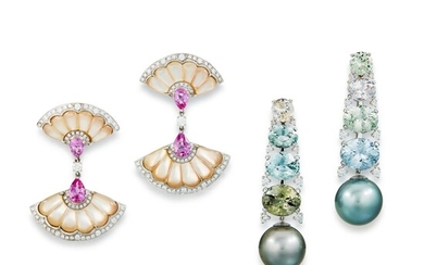 Pair of Coloured Sapphire, Cultured Pearl and Diamond Pendent Earrings; and Pair of Mother-of-Pearl, Pink Sapphire and Diamond Pendent Earrings | 彩色寶石 配 養殖珍珠 及 鑽石 耳墜一對; 及 貝母 配 粉紅剛玉 及 鑽石 耳墜一對