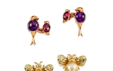 Pair of Cultured Pearl and Enamel Earrings; and a Pair of Amethyst and Garnet Cufflinks | 養殖珍珠 配 琺瑯 耳環一對；紫水晶 配 翠榴石 袖扣一對