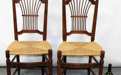 Pair of French wheat back rush seat chairs