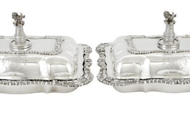 Pair of George IV Sterling Silver Covered Entree Dishes Joseph Angel, London, 1826 Each shaped rectangular with shell an...