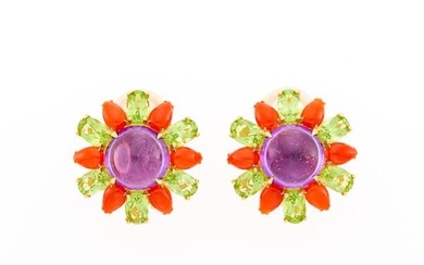 Pair of Gold, Amethyst, Coral, Peridot and Diamond Earclips