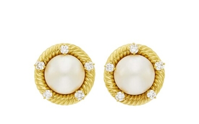 Pair of Gold, Mabé Pearl and Diamond Earclips