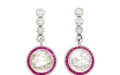 Pair of Platinum, Diamond and Ruby Earrings