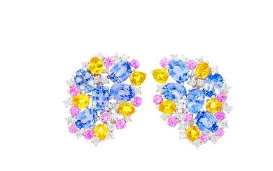 Pair of White Gold, Multicolored Sapphire and Diamond Cluster Earrings
