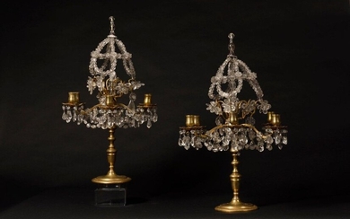 Pair of gilt bronze girandoles with six branches of light decorated in the upper part with lace crystals and rock crystal pendants. Style Louis XIV - XIXth century H : 55 cm diam : 38 cm The assembly of these girandoles is inspired by the models of...