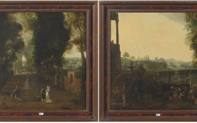 Pair of oils on canvas mounted on a panel "The gardens of the castle animated". Anonymous. Flemish school. Period: 17th century. Size: +/-59,5x56cm.