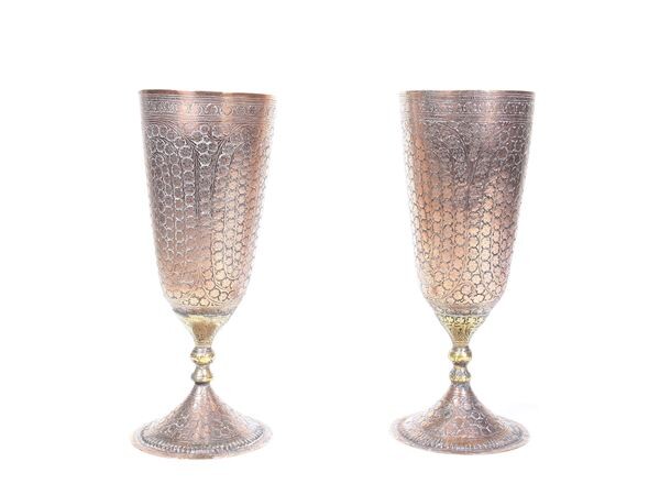 Pair of silvered copper chalices Oriental manufacturing