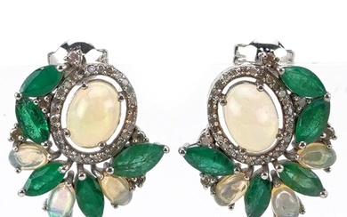 Pair of white metal cabochon opal, emerald and diamond stud ...