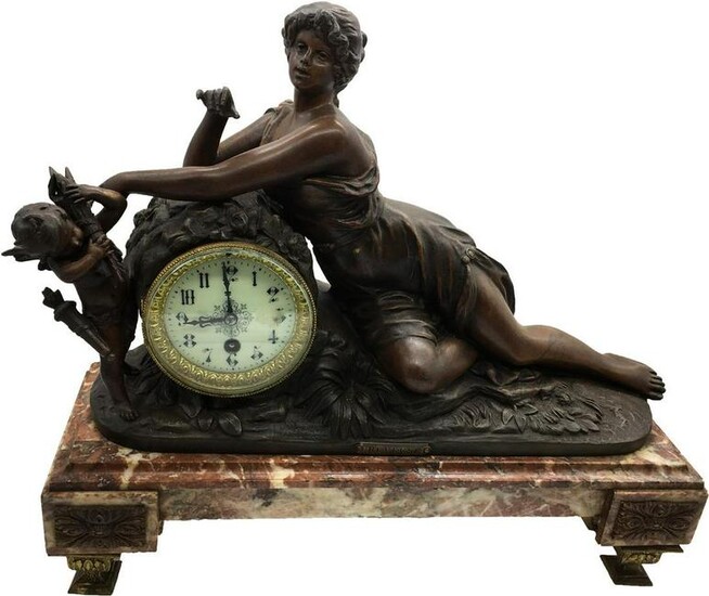 Patinated Bronze and Marble Figural Mantel Clock