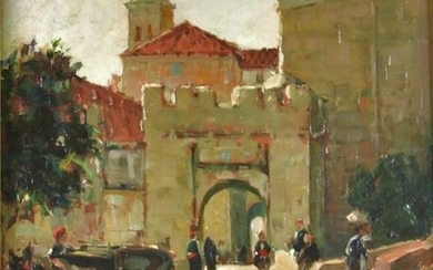 Paul Emile LECOMTE (1877-1950) . Lively oriental city entrance. Oil on canvas, signed lower right. 55x46 cm.