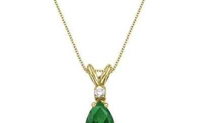 Pear Emerald and Diamond Solitaire Pendant Necklace 14k Yellow Gold