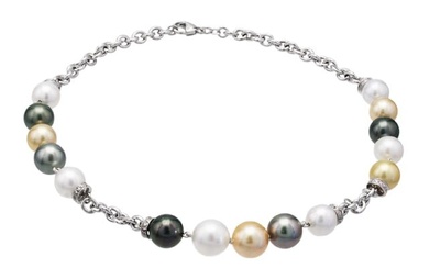 Pearl & Diamond Assorted Color Necklace In 14k White Gold