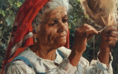 Peder Mønsted: An Italian woman spinning yarn. Signed and dated P. Mønsted 1885. Oil on canvas. 34.5×25.5 cm.