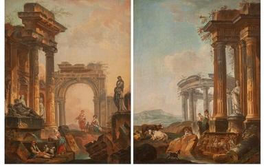 Pierre-Antoine DEMACHY (1723-1807) Bergers et bergères près d’une fontaine en ruine Toile, rentoilée, signée en...