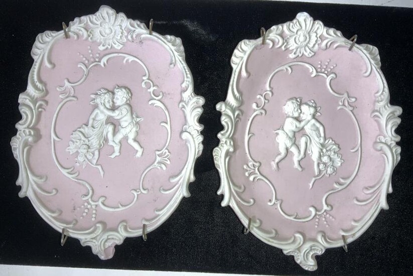 Pink Jasperware Cherub Ceramic Wall Plaques,2