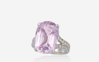 Pink topaz, diamond, and platinum ring