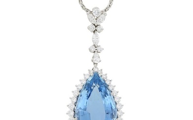 Platinum, Aquamarine and Diamond Pendant with Platinum Chain Necklace