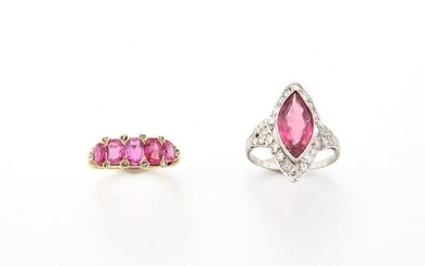 Platinum, Pink Tourmaline and Diamond Ring and Gold, Ruby and Diamond Ring