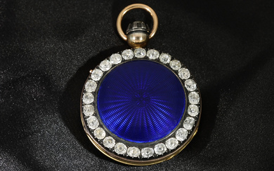 Pocket watch: unique, gold/enamel hunting case watch with abundant diamond setting, probably modernised around 1925