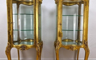 Pr French Style Gilt Wood Vitrines. 4 bowed glass sides