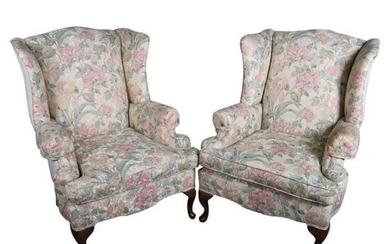 Pr Queen Anne Style Floral Upholstered Wingback Chairs