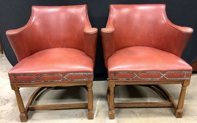 Pr Vtg Traditional English Style Leather Armchairs