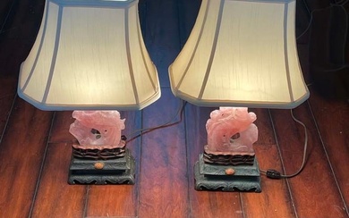 Pr of 19C CHINESE CARVED ROSE QUARTZ PEACOCK LAMPS, QING DYNASTY An impressive pair of richly