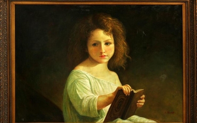 R. BROOKS, OIL ON CANVAS, "GIRL READING A BOOK"